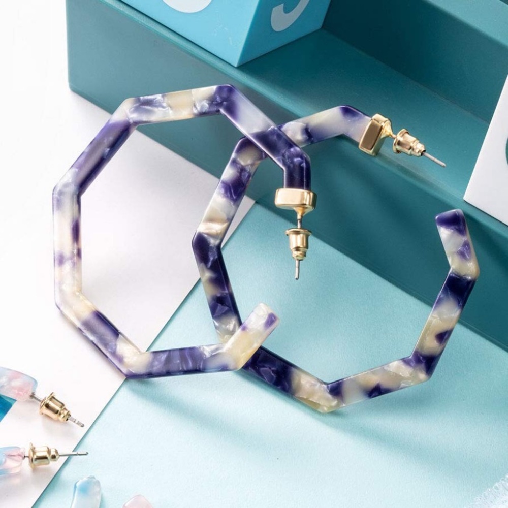 Blue Purple White Geometric Acrylic Hoop Earrings